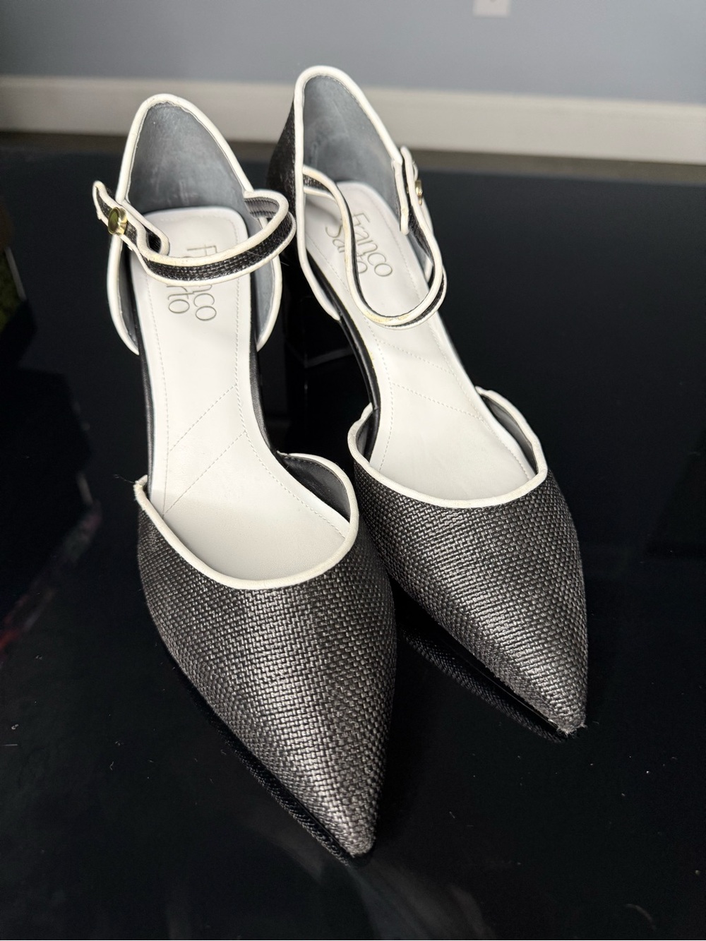 Franco Sarto "Cherie" Pointed Toe Ankle Strap Wedge Pumps.